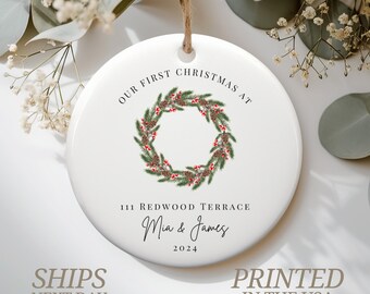 Personalized New Home Wreath Ornament, First Christmas New House Keepsake, Custom Couple Gift, Housewarming Christmas Tree Decoration 2024