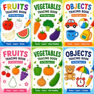 May include: Six colorful tracing books for kids aged 3-6. The books are titled "Fruits", "Vegetables", and "Objects". Each book features illustrations of the respective items, along with the text "Trace, Learn, Grow", "Trace, Learn, Stay Healthy", and "Trace, Learn, Have Fun".