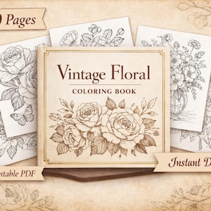 Pode incluir: Uma imagem de um livro de colorir em estilo vintage intitulado "Vintage Floral Coloring Book" com um design floral na capa. A imagem inclui várias ilustrações florais e o texto "200 páginas", "PDF para impressão" e "Download instantâneo". O esquema de cores é sépia.