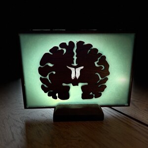 May include: A wooden brain-shaped lamp with a white butterfly cutout in the centre. The lamp is lit and casts a green glow.