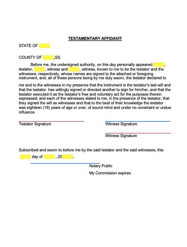 Last Will and Testament Fillable Form Including Notary Section Editable Instant Download