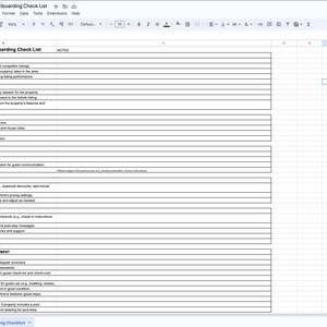 May include: A spreadsheet checklist for co-hosting on Airbnb. The checklist includes sections for preparing a new listing, publishing the listing, booking, continued guest support, cleaning and property management.