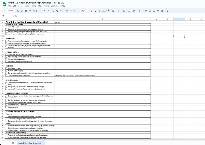May include: A spreadsheet checklist for co-hosting on Airbnb. The checklist includes sections for preparing a new listing, publishing the listing, booking, continued guest support, cleaning and property management.