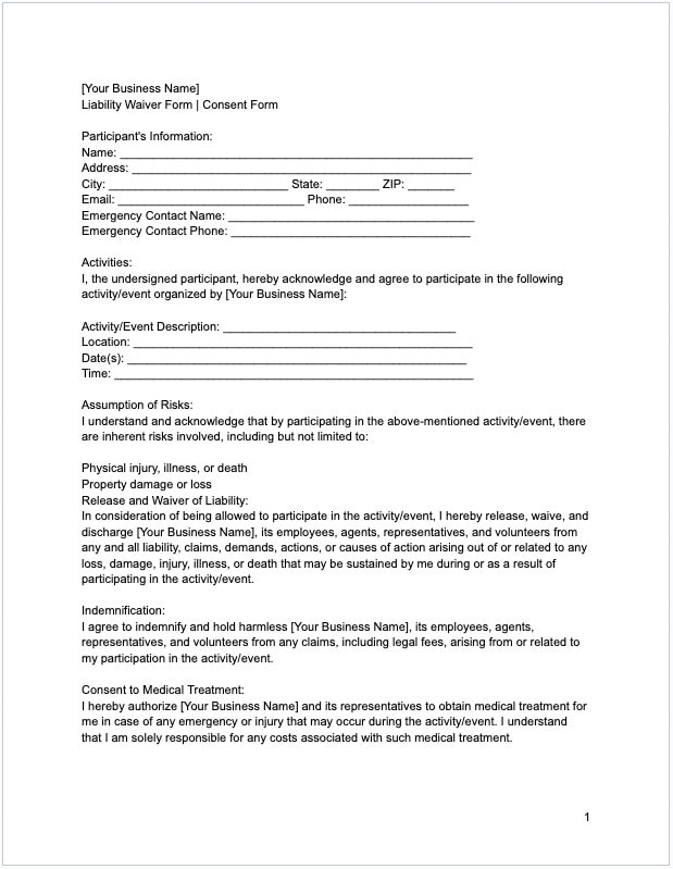 Liability Release Form | Editable Liability Waiver Form | Consent Form ...