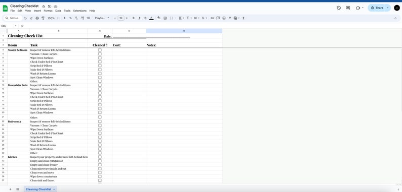 May include: A cleaning checklist spreadsheet with columns for room, task, cleaned, cost, and notes. The spreadsheet is divided into sections for different rooms, including Master Bedroom, Downstairs Family, Bedroom 4, and Kitchen.