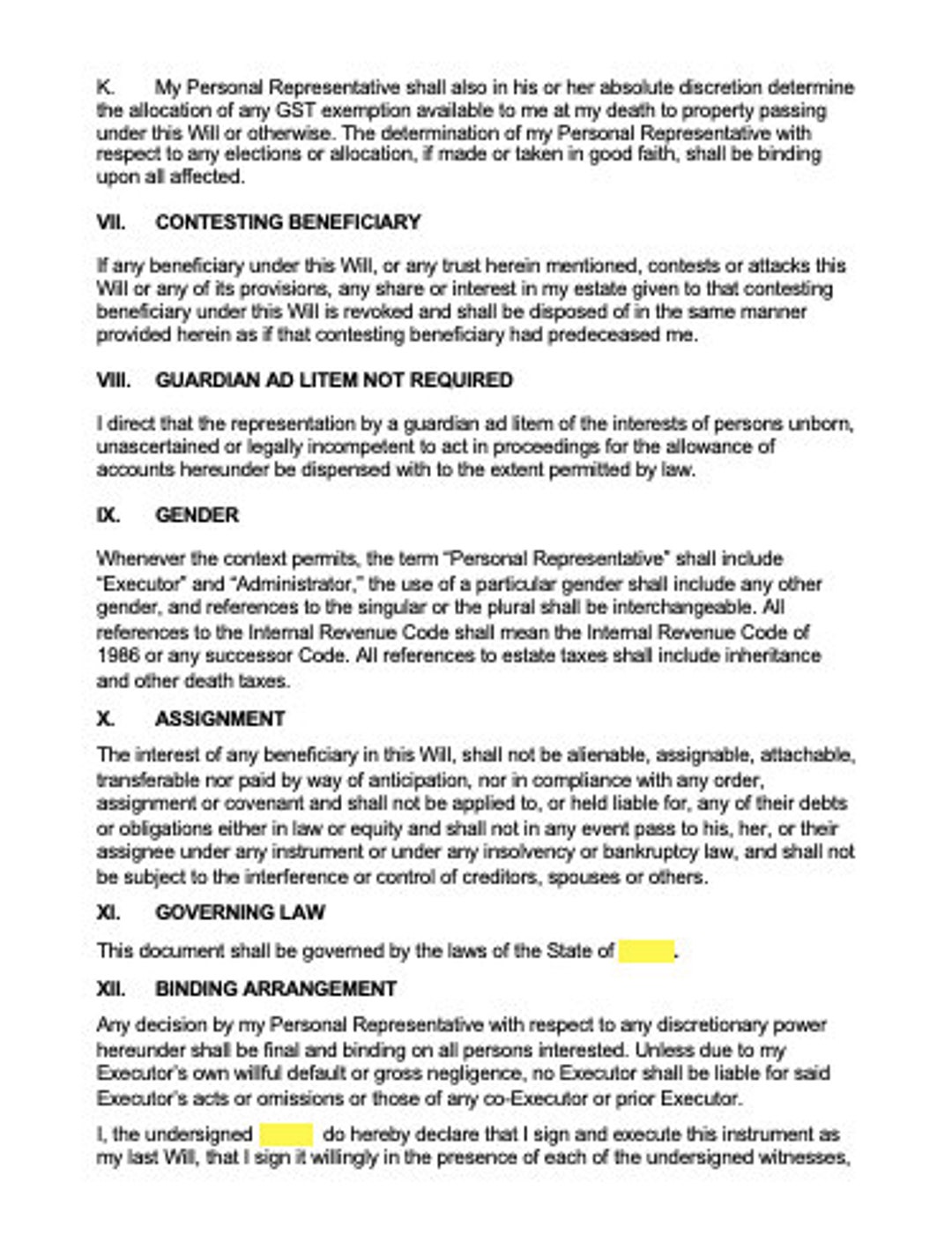 Last Will and Testament Fillable Form Including Notary Section Editable Instant Download
