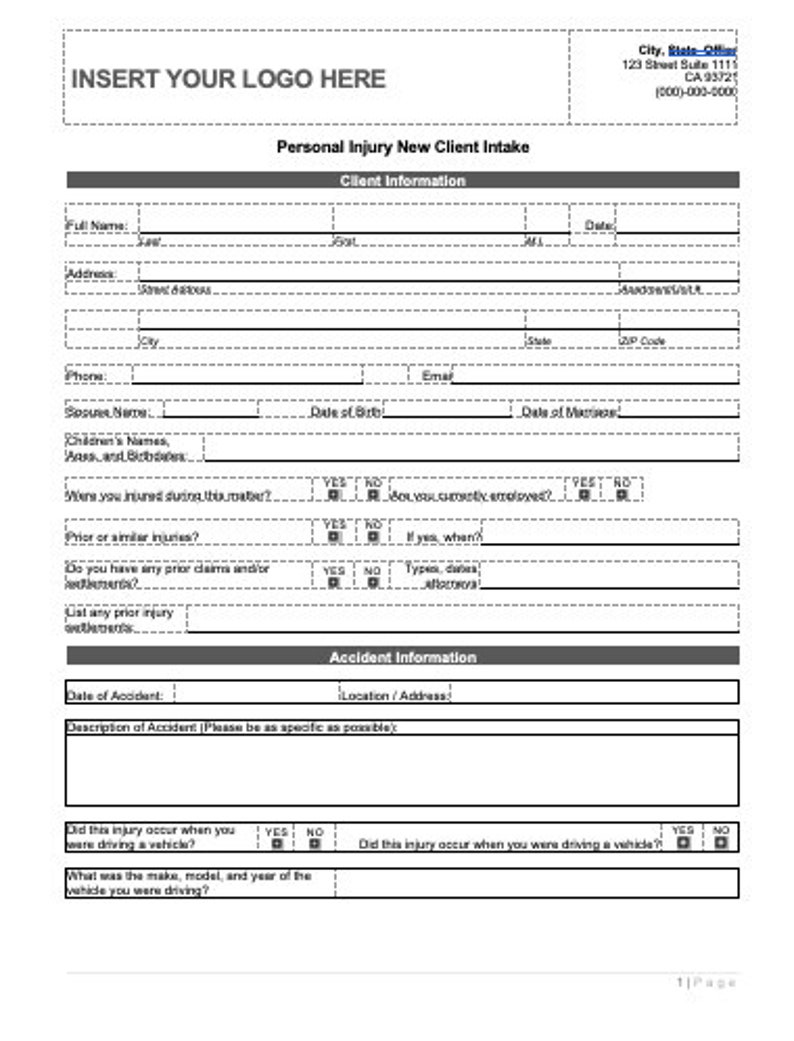 Personal Injury Client Intake Template & Checklist Law Firm Client Intake Form Template image 1