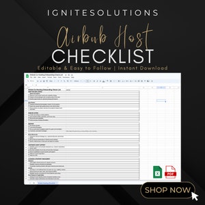 May include: A checklist for Airbnb co-hosting onboarding, displayed in a Google Sheets spreadsheet. The checklist includes a list of tasks to complete before launching a new listing, including preparing the listing, setting up communication, and managing guest expectations. The image also includes a call to action to "Shop Now" for the checklist.