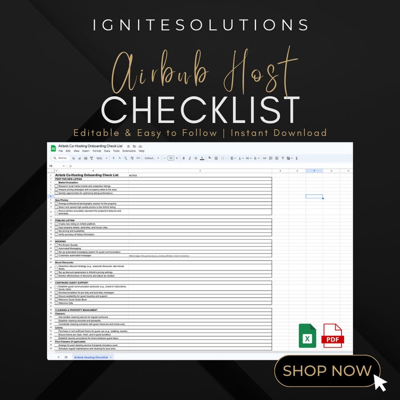 May include: A checklist for Airbnb co-hosting onboarding, displayed in a Google Sheets spreadsheet. The checklist includes a list of tasks to complete before launching a new listing, including preparing the listing, setting up communication, and managing guest expectations. The image also includes a call to action to "Shop Now" for the checklist.