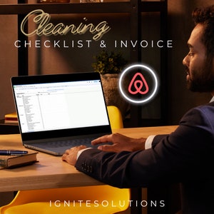 May include: A person in a suit sits at a desk with a laptop open to a spreadsheet. The laptop screen shows a cleaning checklist and invoice. The text "Cleaning Checklist & Invoice" is displayed above the spreadsheet. The Airbnb logo is visible in the background.