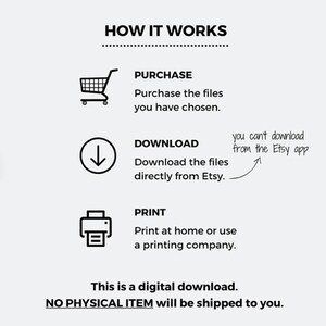 May include: A black and white illustration showing how to purchase, download, and print digital files. The text reads "HOW IT WORKS", "PURCHASE", "DOWNLOAD", "PRINT", "This is a digital download. NO PHYSICAL ITEM will be shipped to you."