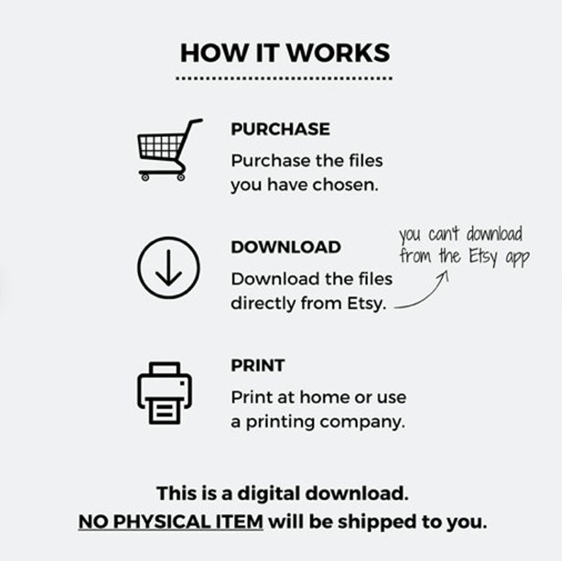 May include: A black and white illustration showing how to purchase, download, and print digital files. The text reads "HOW IT WORKS", "PURCHASE", "DOWNLOAD", "PRINT", "This is a digital download. NO PHYSICAL ITEM will be shipped to you."