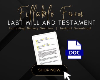 Last Will & Testament Fillable Form | Printable Estate Planning Editable PDF and Word Form | Notary Section | Instant Download