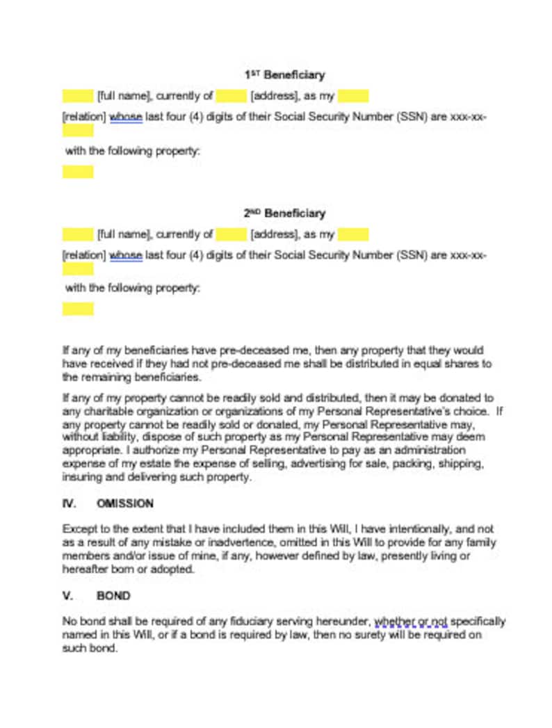 Last Will and Testament Fillable Form | Including Notary Section ...