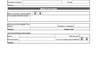 Plantilla y lista de verificación para la admisión de clientes en casos de lesiones personales. Plantilla de formulario de admisión de clientes para bufetes de abogados.