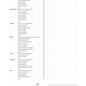 May include: A cleaning checklist with a list of rooms and tasks to be completed. The checklist includes a column for marking tasks as complete and a column for recording the cost of each task.