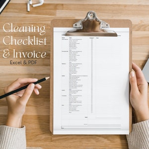 May include: A cleaning checklist and invoice template on a clipboard. The checklist includes a list of rooms and tasks to be completed, with tick boxes for each task. The invoice section includes spaces for the customer's name, address, and payment information.