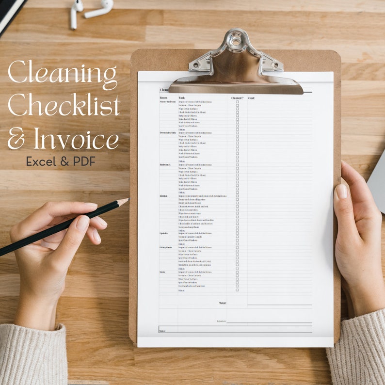 May include: A cleaning checklist and invoice template on a clipboard. The checklist includes a list of rooms and tasks to be completed, with tick boxes for each task. The invoice section includes spaces for the customer's name, address, and payment information.