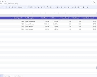 Billable Time Tracker | Legal Billable Hours Tracker Excel/Google Sheets Template | Legal Time Worked Tracker | Streamline Your Law Firm