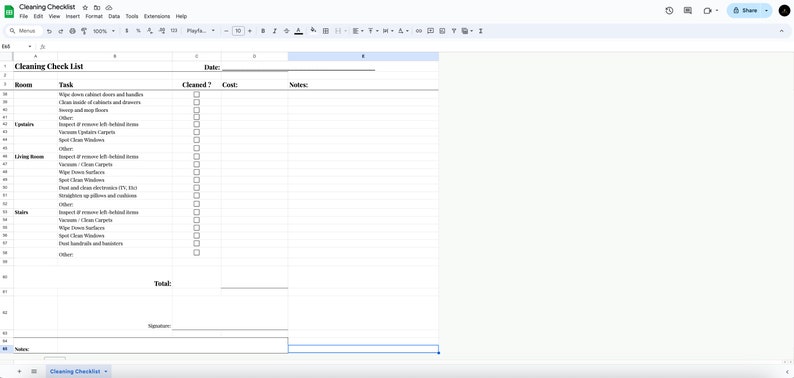 May include: A cleaning checklist spreadsheet with columns for room, task, cleaned, cost, and notes. The spreadsheet is divided into sections for different rooms, such as the hallway, living room, and stairs. Each section lists cleaning tasks, such as wiping down doors and handles, cleaning inside of cabinets and drawers, vacuuming carpets, and spot cleaning windows.