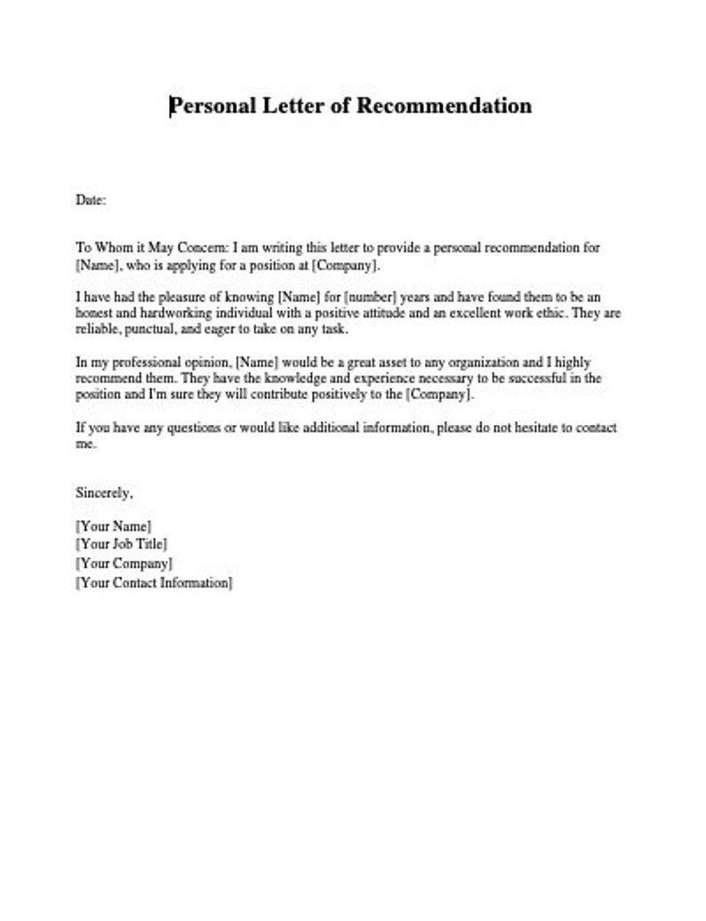 Personal Reference Letter Template Letter of Recommendation