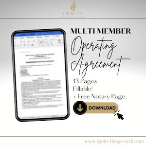 FILLABLE Multi Member LLC Operating Agreement |  LLC Agreement | Multi Member Agreement | | Business Startup | Ownership Form