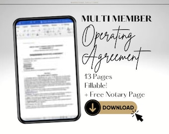 FILLABLE Multi Member LLC Operating Agreement |  LLC Agreement | Multi Member Agreement | | Business Startup | Ownership Form