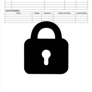May include: A black and white image of a locked padlock. The padlock is a symbol of privacy and security.