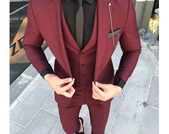 Luxury Men Suits Maroon 3 Piece Formal Fashion Slim Fit Elegant Wedding Suit Groom Wedding Suit Party Wear Stylish Suit Bespoke For Men