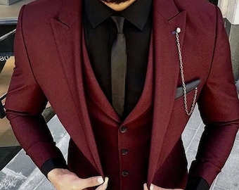 Luxury Men Suits Maroon 3 Piece Formal Fashion Slim Fit Elegant Wedding Suit Groom Wedding Suit Party Wear Stylish Suit Bespoke For Men