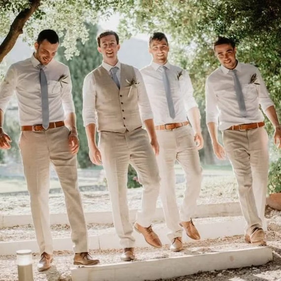Men's Formal Elegant Pant Beige Double buckle Trouser Wedding Pant for  groomsmen