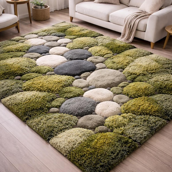 Carpette tuftée à la main en galets de mousse : moquette moderne Mid-Century inspirée de la nature
