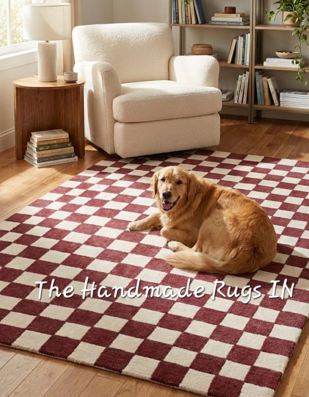 Handmade Wool Checkerboard Rug: Red & Cream, Mid-century Modern - Etsy