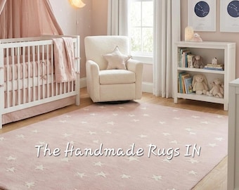 Pink Star Nursery Rug | Pastel Pink & White Starry Area Rug | Cute Kids Room Carpet | Baby Girl Bedroom Decor | Handmade Tufted Play Mat