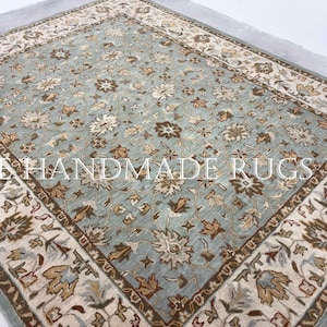 Alfombra de lana hecha a mano: estilo oriental tradicional, color azul porcelana.