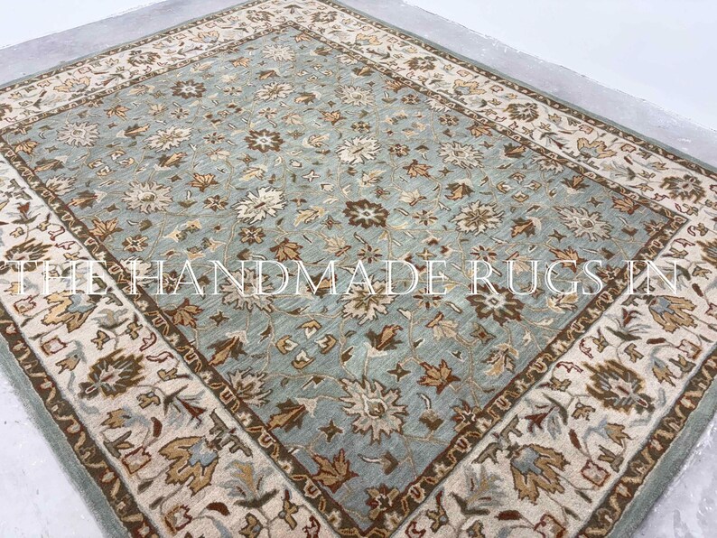 Blue Porcelain Rug Handmade Porcelain Blue Rug, Muted Floral Wool Rug, Persian Inspired ...