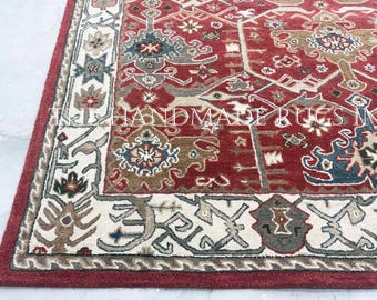 Handmade Tufted Red Rug, Wool Area Rug, Oriental Ottoman Rug, Vintage Style Carpet, Distressed Look Turkish Rug, Traditional Living Room Rug