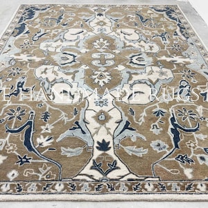 Oushak-vloerkleed vintage stijl | Kameel, ivoor en blauw gebloemd vloerkleed | Handgemaakt wollen tapijt voor woonkamer en slaapkamer | Moderne traditionele inrichting