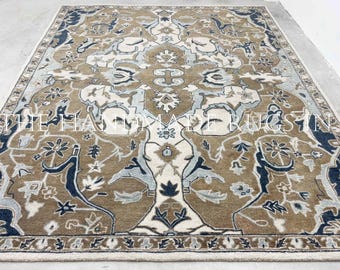 Vintage Style Oushak Rug | Camel, Ivory & Blue Floral Area Rug | Handmade Wool Carpet for Living Room, Bedroom | Modern Traditional Decor