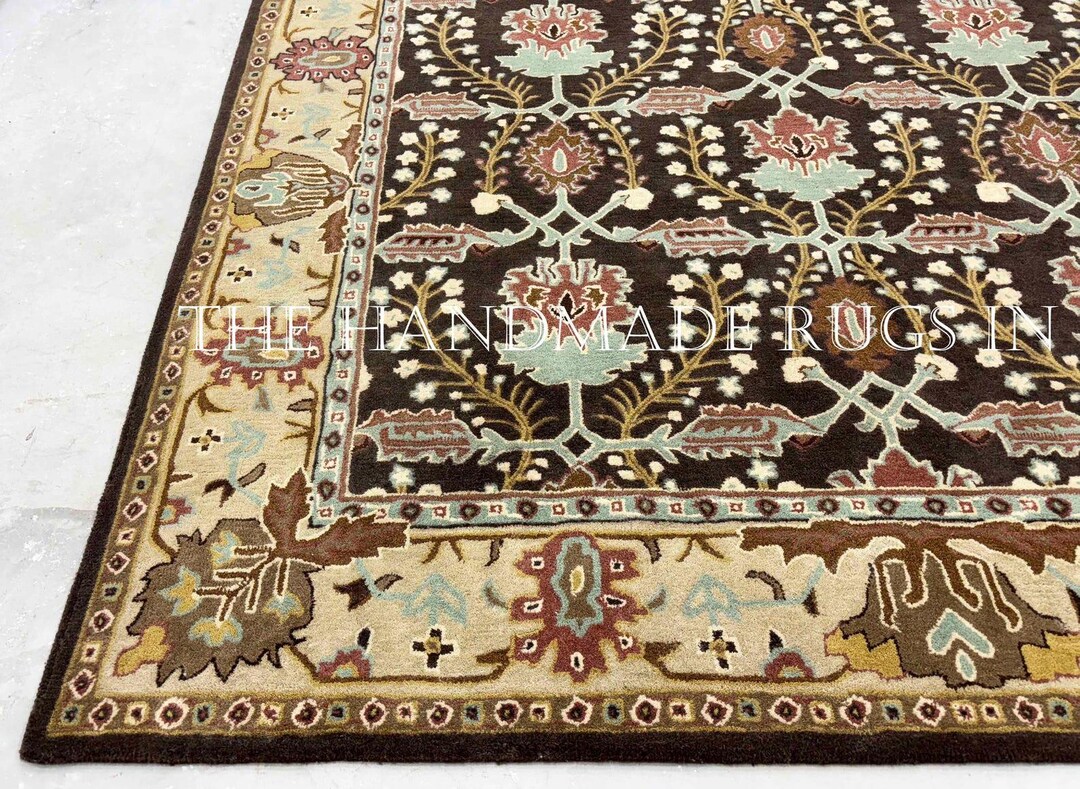 Hand Tufted Wool Area Rug | Dark Brown Traditional Floral Oushak Rug ...