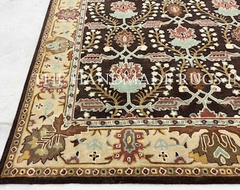 Hand Tufted Wool Area Rug | Dark Brown Traditional Floral Oushak Rug | Vintage Botanical Persian Style Carpet for Living Room & Bedroom