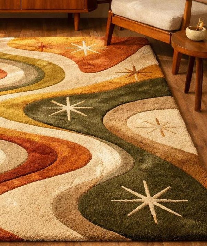 Hand-tufted Retro Starburst Wave Rug: Mid-century Modern Earth Tone ...