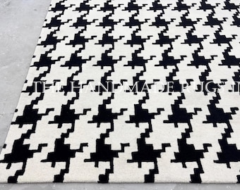 Schwarz Weißer Hahnentritt Teppich, Handgemachter Wollteppich, Orientalischer Teppich für Wohnzimmer