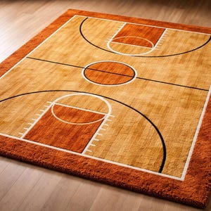 Puede incluir: Una alfombra rectangular diseñada para parecerse a una cancha de baloncesto. La alfombra presenta una superficie de juego marrón claro con marcas naranjas y blancas, incluidos los carriles de tiro libre y el círculo central. El borde es de color naranja oscuro.