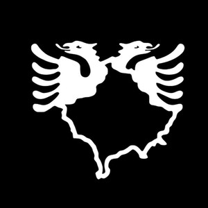 Könnte beinhalten: Eine Schwarzweißillustration von zwei stilisierten Adlern, die sich gegenüberstehen, mit ausgebreiteten Flügeln, die ein Herz um eine Karte von Albanien bilden.