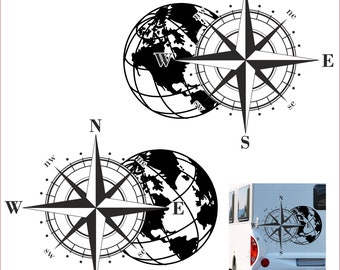 2x sticker globe compas (gauche/droite)globe terrestre caravane rose des vents mobil home personnalisable plusieurs tailles sticker rose des vents