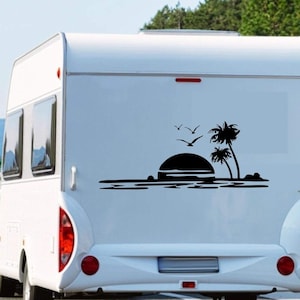 Prachtige zonsondergang wijd in de zee met palmbomen strand meeuwen vogels camper caravan sticker Pegatina Promotie