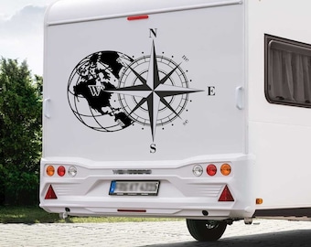 1x Kompass Weltkugel Aufkleber Erde Erdkugel Wohnwagen Windrose Wohnmobil personalisierbar in mehreren Größen Kompassrose  Truck Sticker