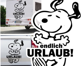 Endlich Urlaub! lachender Comic Hund Süß Freude glücklich Happy Aufkleber Auto Camper Wohnmobil Caravan Autoaufkleber Wohnwagen