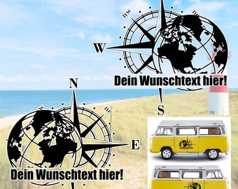 2 x Kompass Erdkugel mit "Wunschtext" Farb&Größenwahl  Wohnwagen Wohnmobil Camper Autoaufkleber personalisierbar Sticker Globus Links/rechts